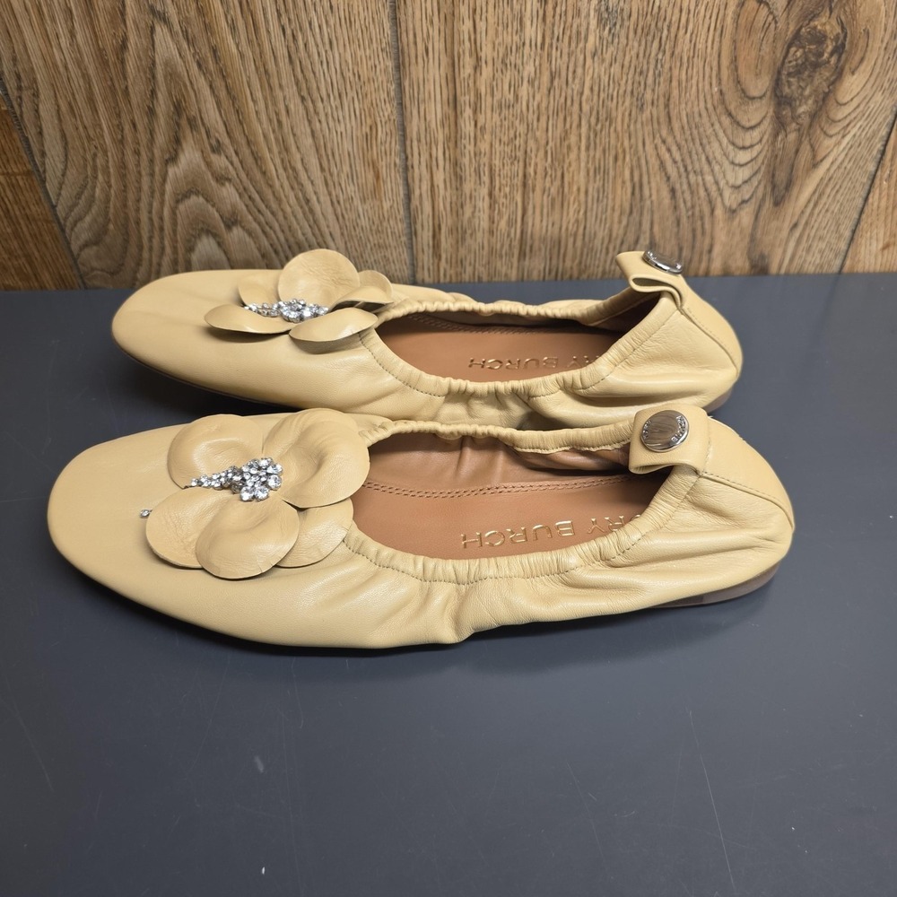 Tory Burch Ballet Flat Shoes Women 9.5 Beige Leather Rhinestone Floral - Picture 4 of 9